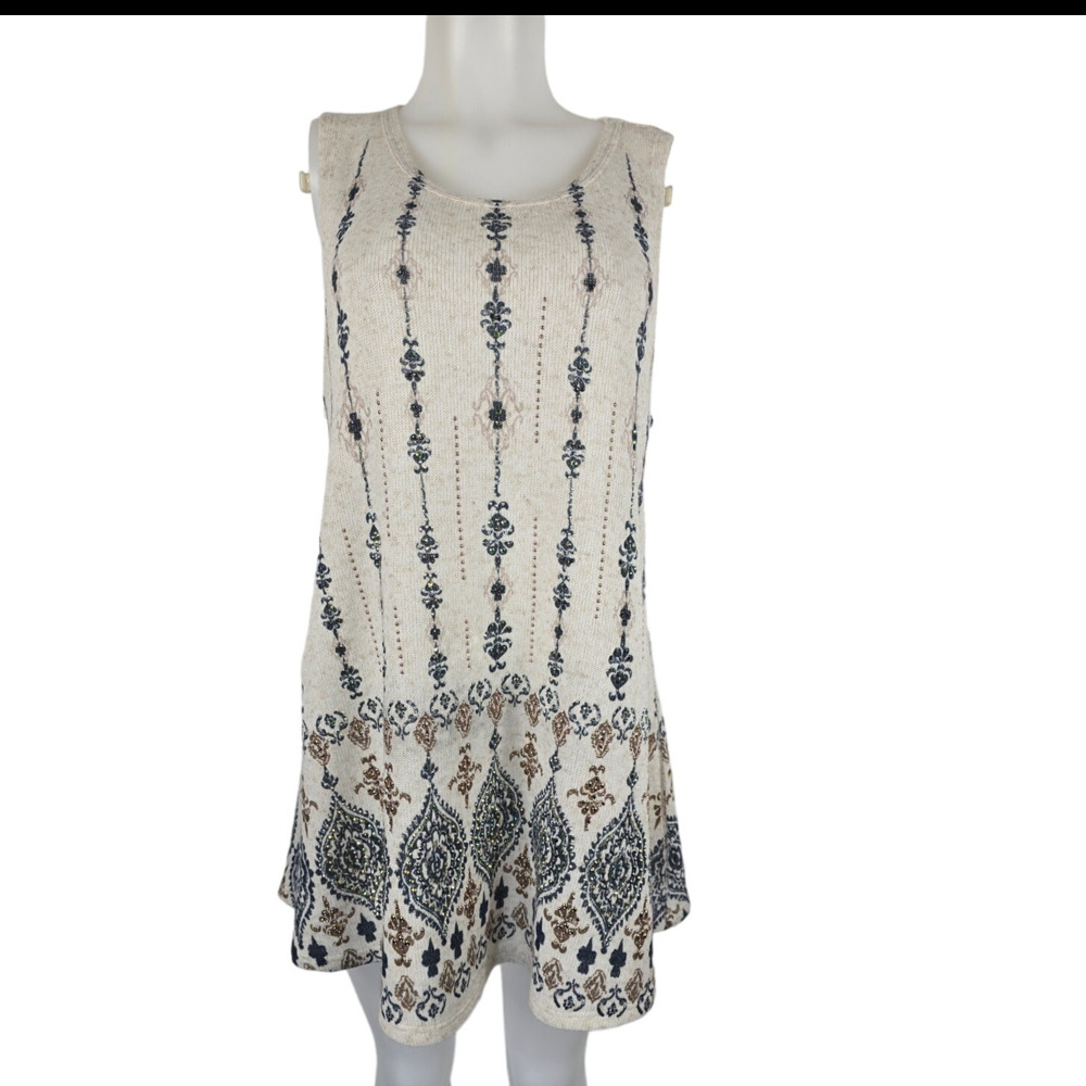 Vocal Tan Blue Studded Chrystal Tunic Sleeveless Mini Dress XL
